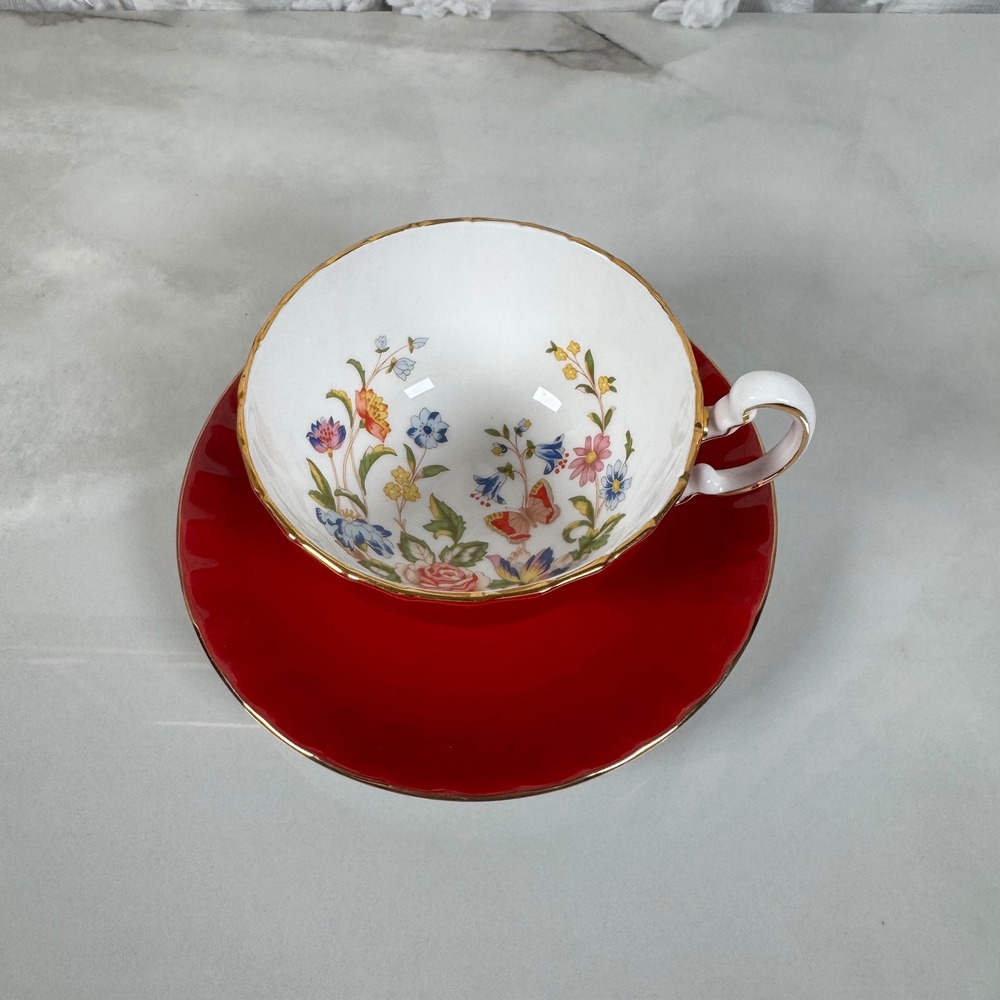 Aynsley Red Cottage Garden Tea Cup and Saucer Flowers Butterfly Bone China